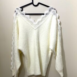 Sweet Lovely women’s white soft V-neck cozy Sweater Open Crochet Sleeve M/L